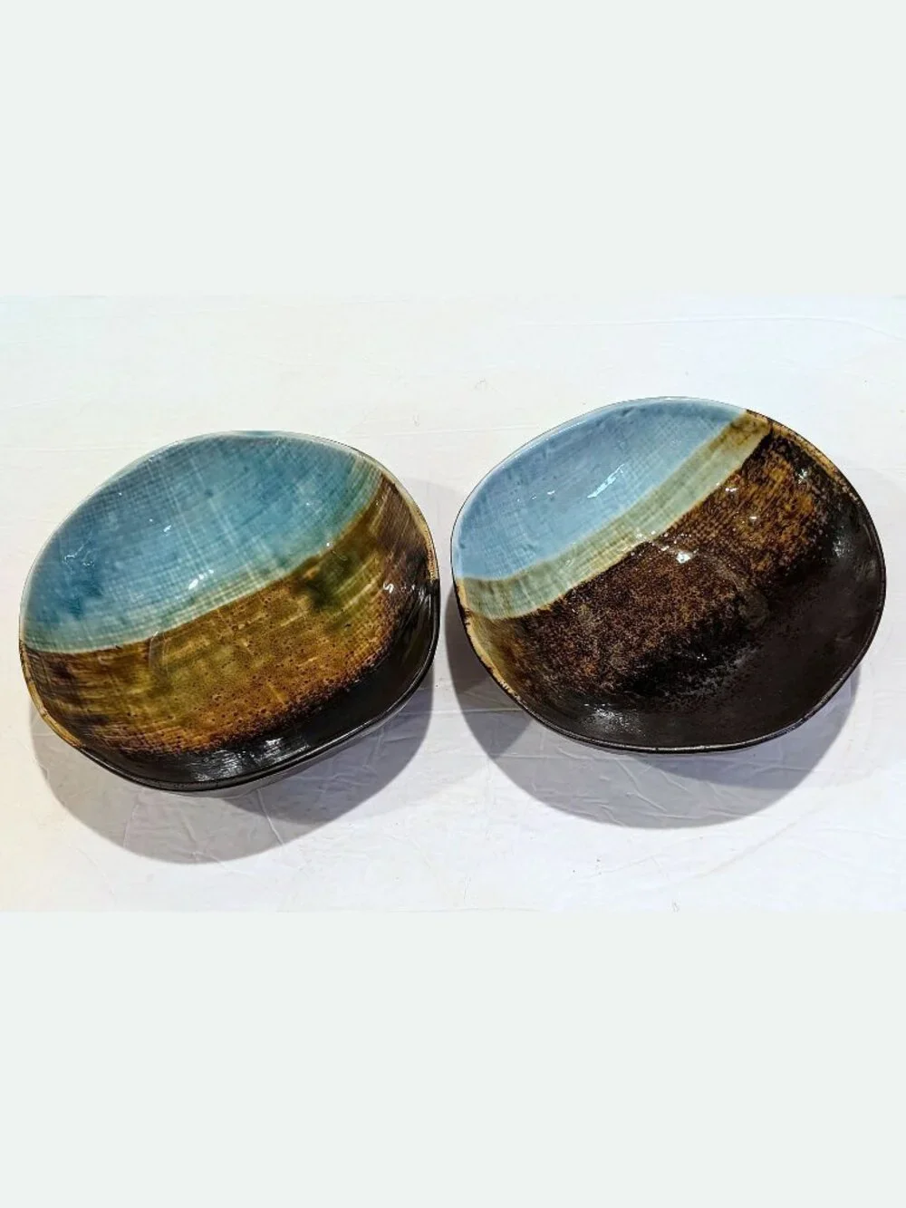 RARE Pier 1 Cassidy Set of 2 Bowls Asymmetrical Blue Brown Soup Salad Pasta